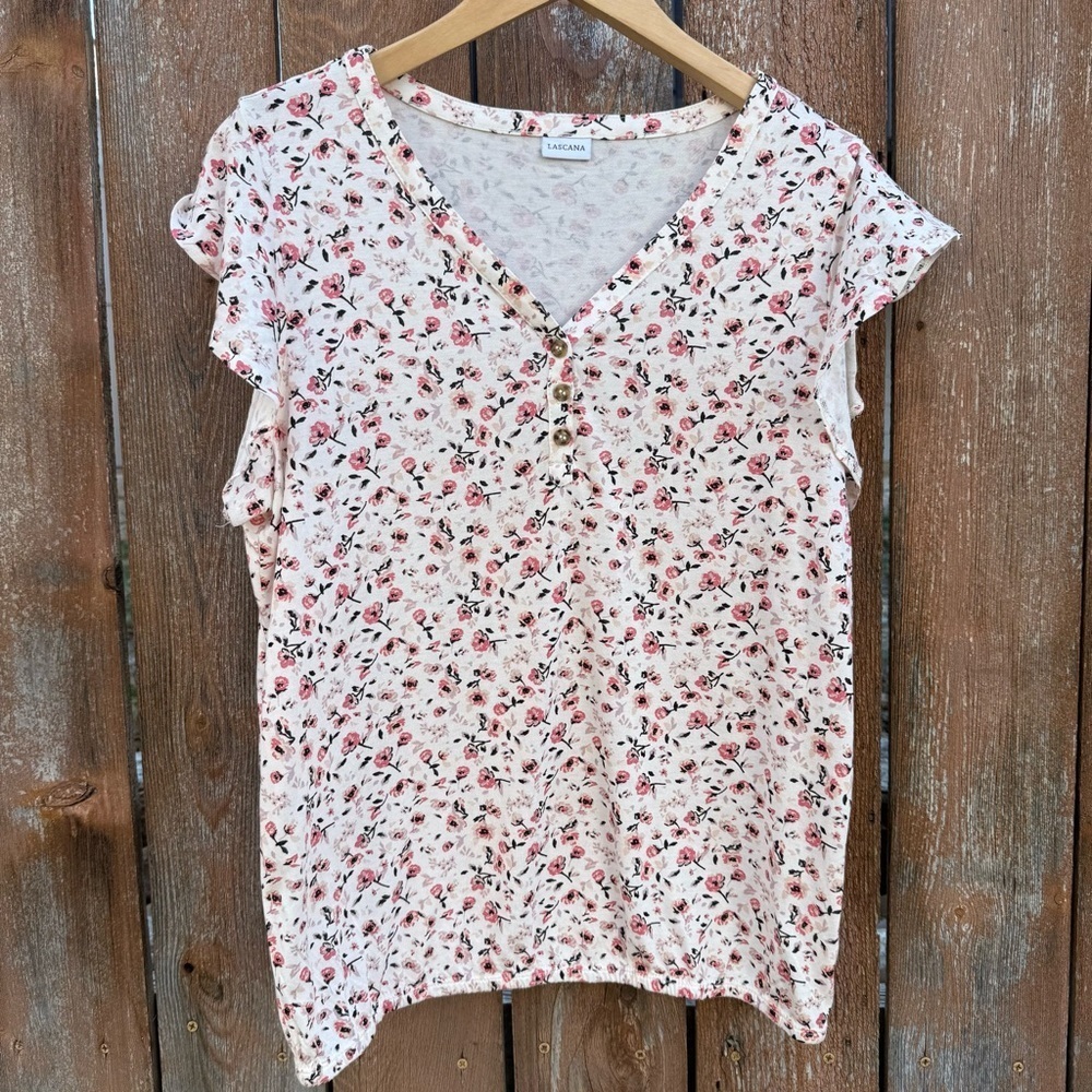 LASCANA Women’s Pink White Floral V-Neck Ruffle Sleeve Blouse Shirt Size 8 10